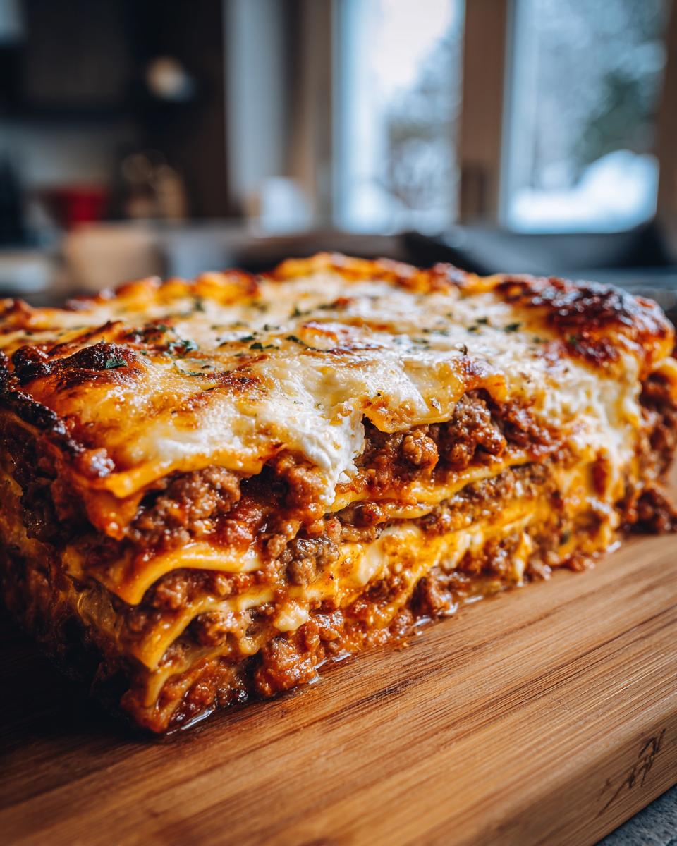 A close-up, mouthwatering slice of lasagna with cottage cheese, featuring layers of pasta, rich meat sauce, and melted cheese.