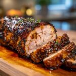 A perfectly roasted maple mustard pork tenderloin, sliced and glistening with a savory glaze, garnished with rosemary.