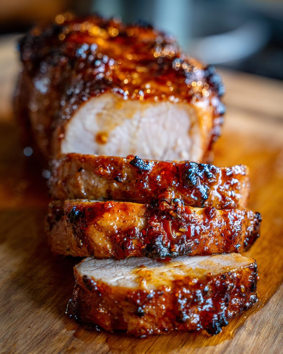 Close-up of sliced maple mustard pork tenderloin, showcasing its juicy interior and glazed exterior.