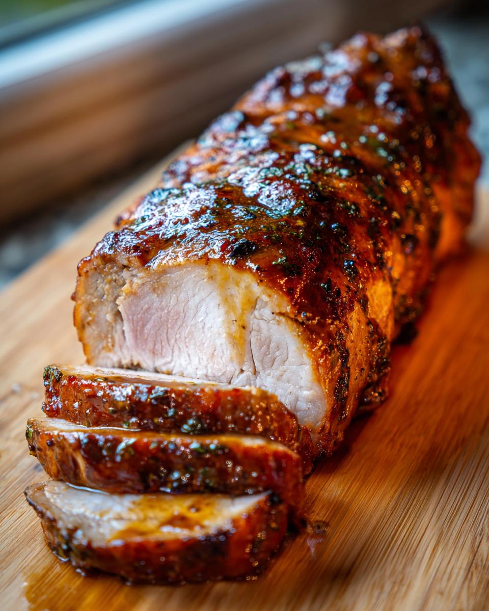 Close-up of sliced maple mustard pork tenderloin, showing juicy interior and glazed exterior.