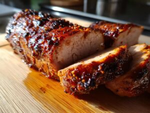 Close-up of sliced maple mustard pork tenderloin with a glossy glaze on a wooden cutting board.