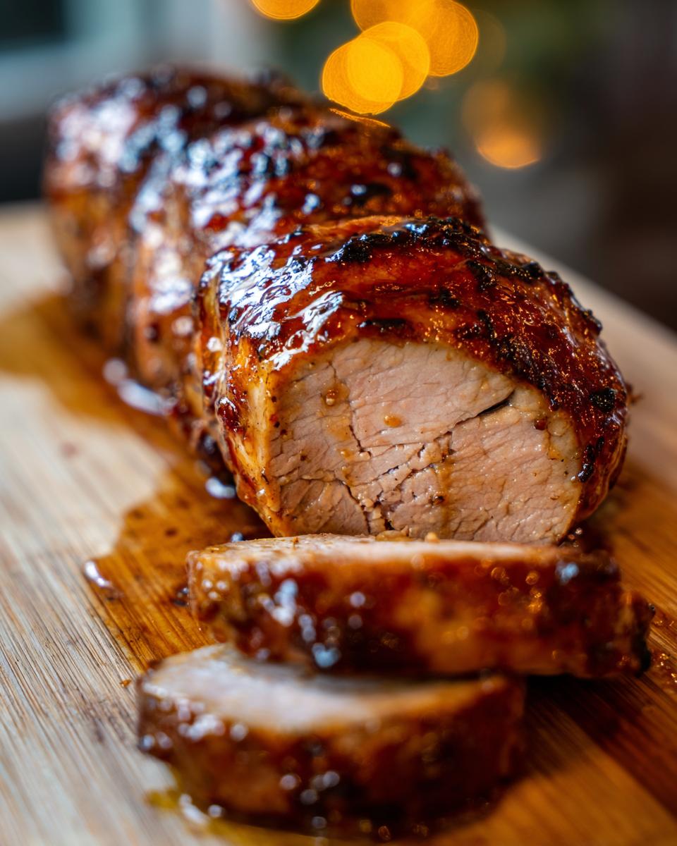 Close-up of sliced maple mustard pork tenderloin, glistening with glaze on a wooden board.