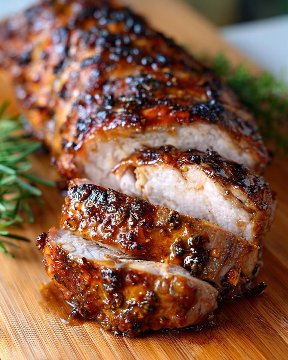 Close-up of sliced maple mustard pork tenderloin with a glossy glaze and rosemary garnish.