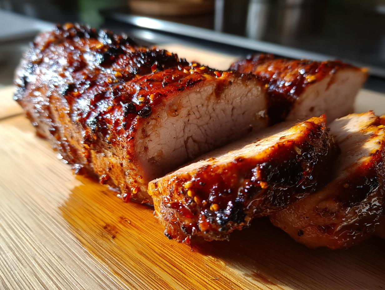 Close-up of sliced maple mustard pork tenderloin with a glossy glaze on a wooden cutting board.