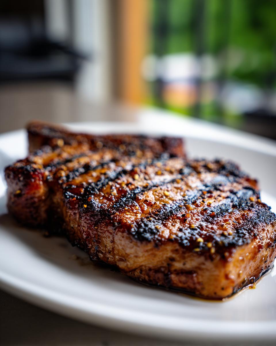 Close-up of a perfectly grilled pork chop, showcasing grill marks and a glistening marinade.