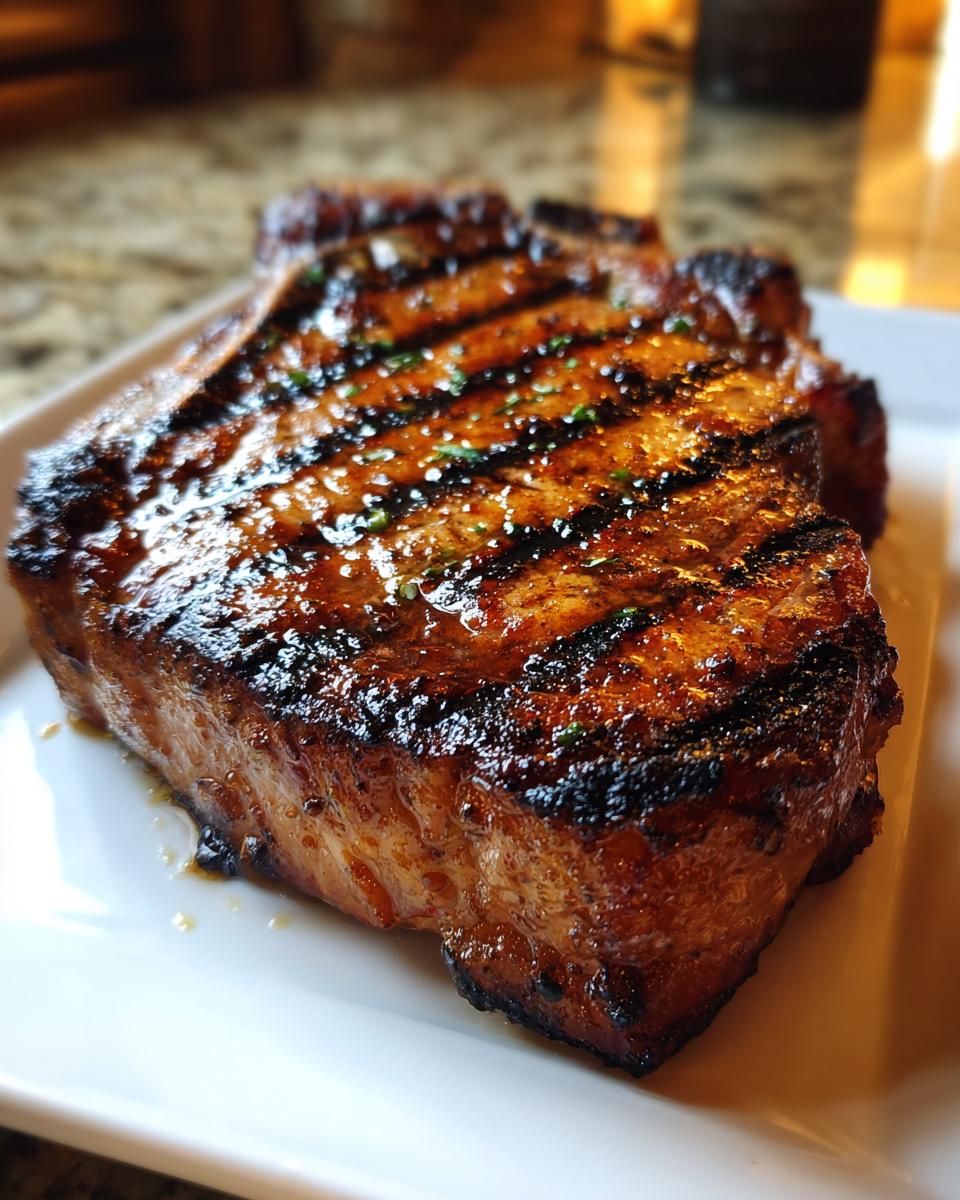 Close-up of a thick, juicy grilled pork chop with grill marks, glistening with marinade and sprinkled with herbs.