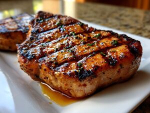 Close-up of two perfectly grilled pork chops, glistening with marinade and sprinkled with herbs.