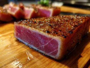 Close-up of a perfectly seared tuna steak, showcasing its pink interior and seasoned crust, prepared with a flavorful marinade.