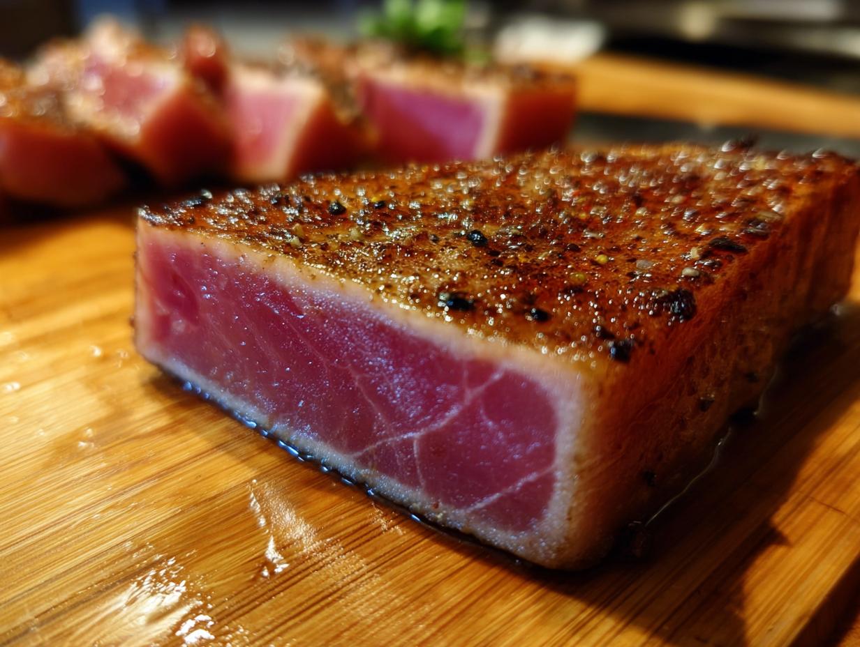 Close-up of a perfectly seared tuna steak, showcasing its pink interior and seasoned crust, prepared with a flavorful marinade.