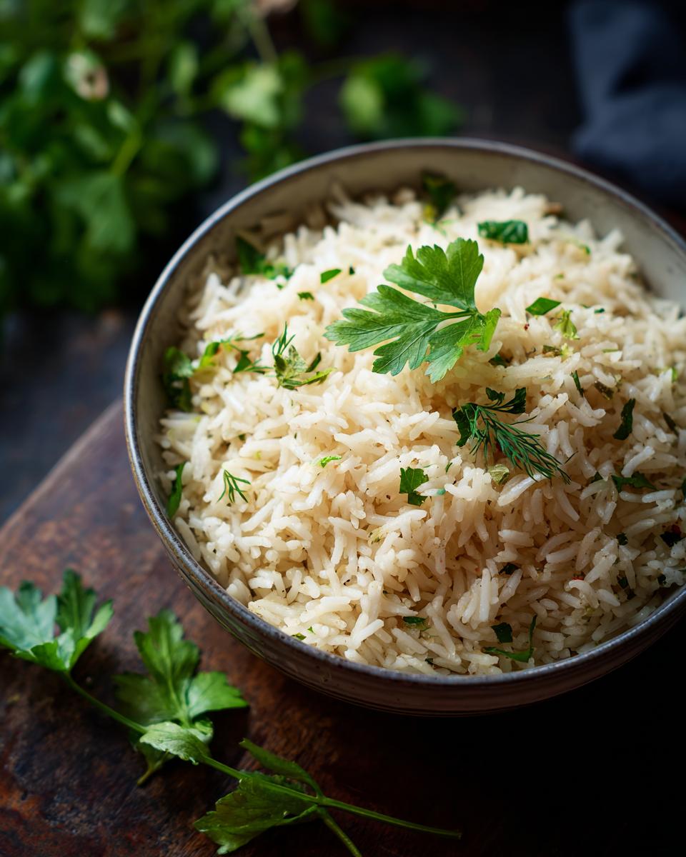 A bowl of fluffy Mediterranean lemon rice, garnished with fresh parsley and dill.