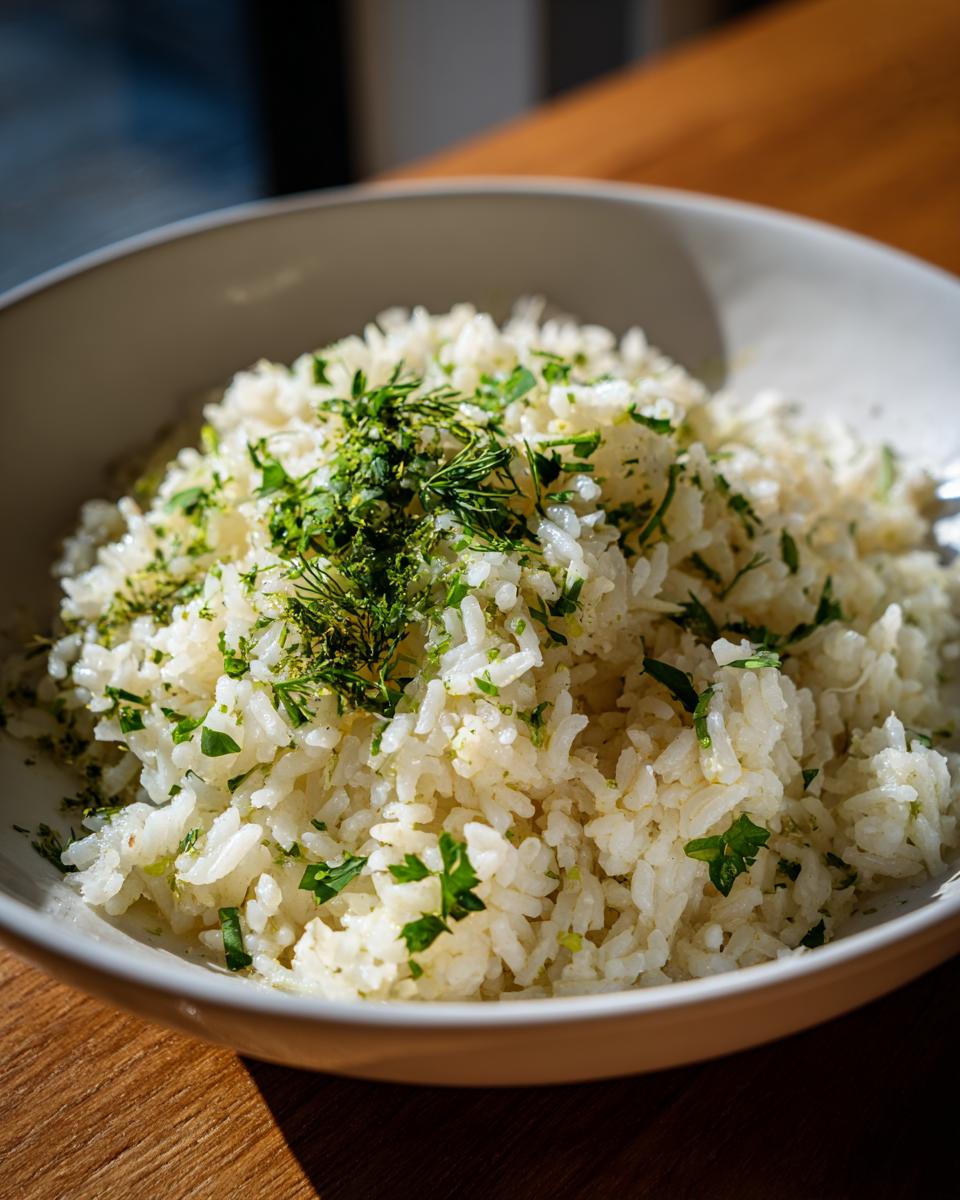 A close-up of fluffy Mediterranean lemon rice, generously garnished with fresh parsley and dill.