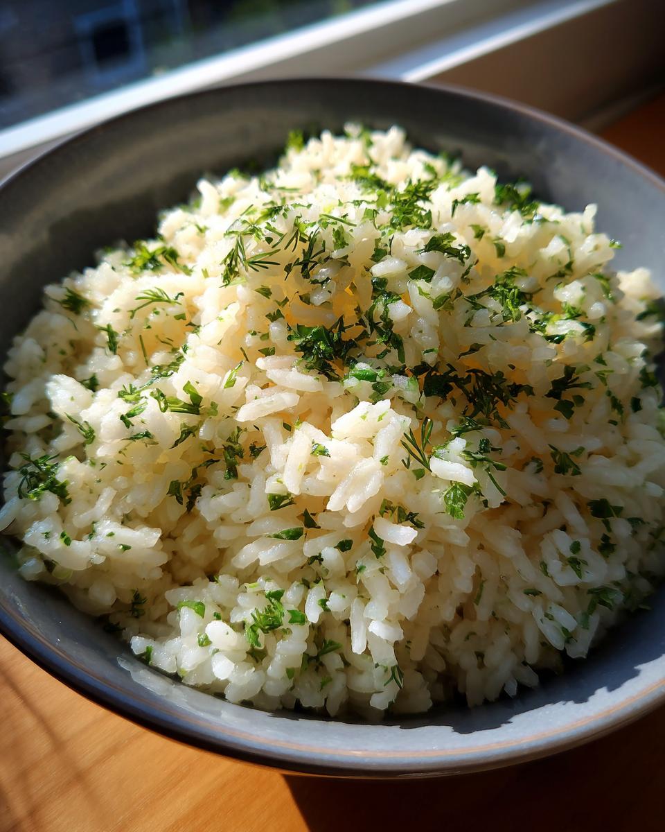 A close-up of fluffy Mediterranean lemon rice generously garnished with fresh chopped parsley and dill in a grey bowl.