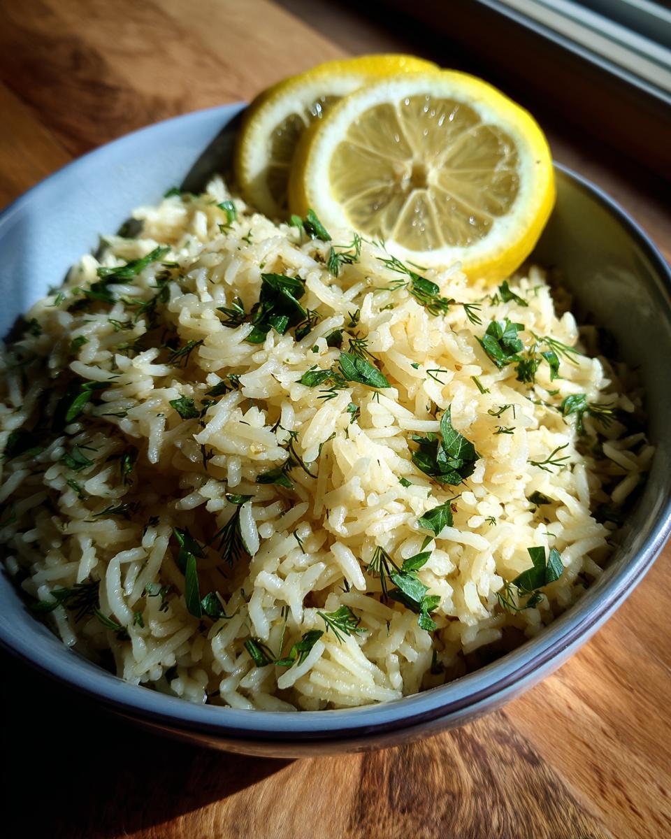 A bowl of fluffy Mediterranean lemon rice garnished with fresh dill and parsley, topped with two lemon slices.