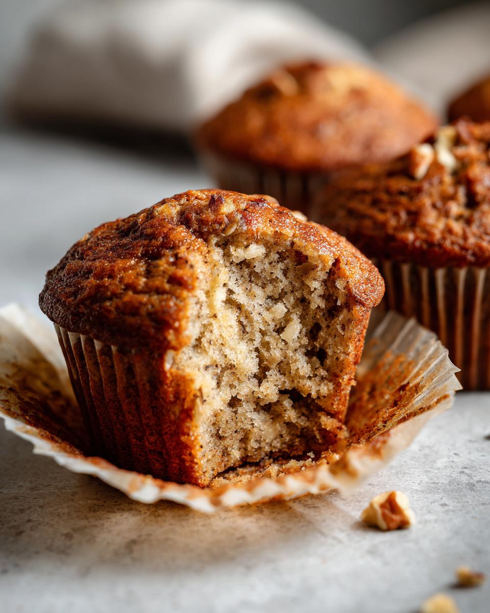 Close-up of a moist banana nut muffin with a bite taken out, showing the crumb and nuts.