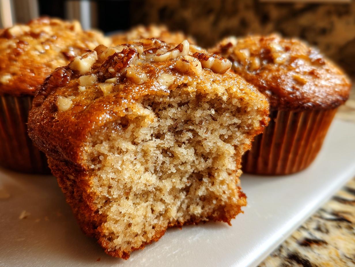 Close-up of a moist banana nut muffin with a bite taken out, topped with walnuts.