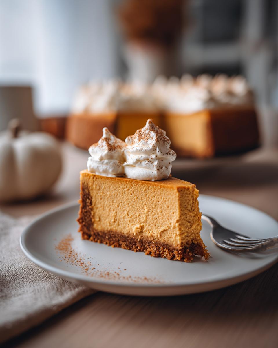 A delicious slice of no bake pumpkin cheesecake topped with whipped cream and cinnamon.