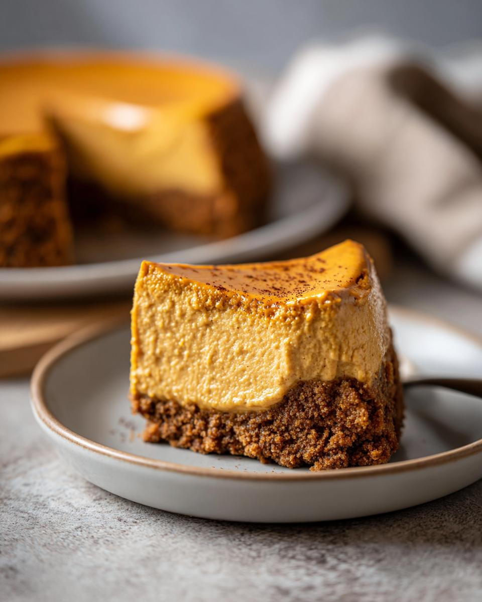 A close-up of a slice of no bake pumpkin cheesecake with a graham cracker crust and a dusting of cinnamon.