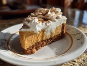 A delicious slice of no bake pumpkin cheesecake topped with whipped cream and cinnamon on a decorative plate.