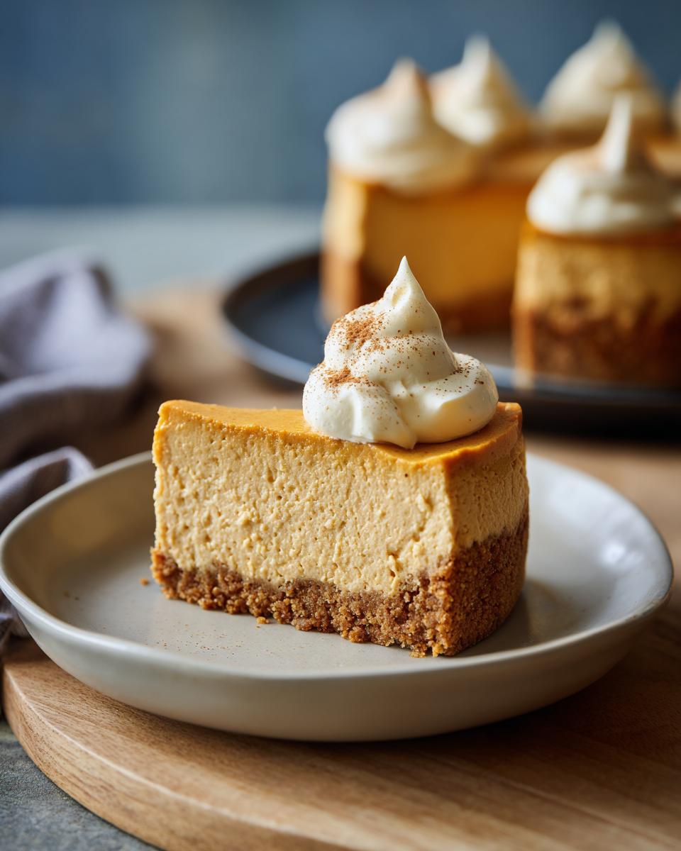 A delicious slice of no bake pumpkin cheesecake topped with whipped cream and a sprinkle of cinnamon.