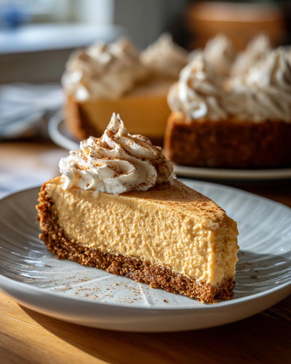 A delicious slice of no bake pumpkin cheesecake topped with whipped cream and a dusting of cinnamon.