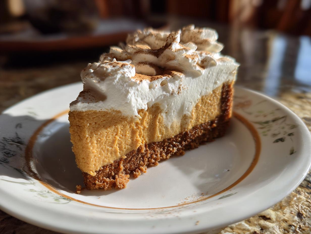 A delicious slice of no bake pumpkin cheesecake topped with whipped cream and cinnamon on a decorative plate.
