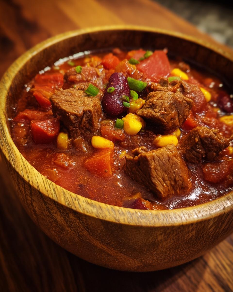 A close-up of a rustic wooden bowl filled with hearty one pot Texas chili, featuring tender beef chunks, kidney beans, corn, and tomatoes.