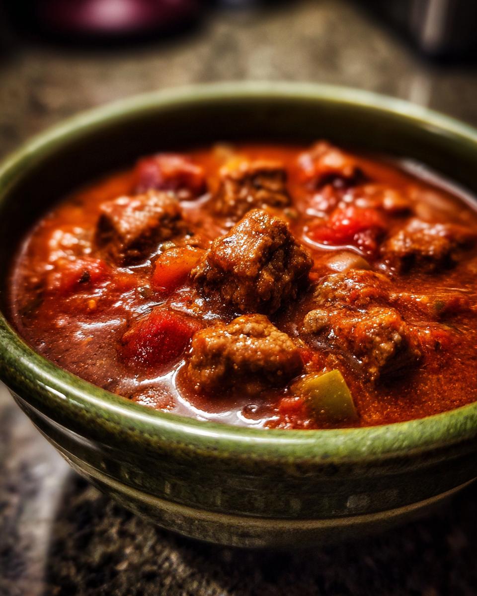 A close-up of a bowl filled with rich, savory one pot Texas chili, featuring tender beef chunks and a thick tomato-based sauce.