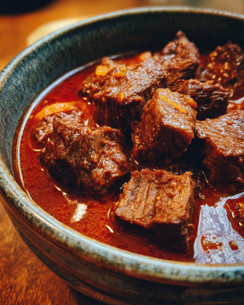 Close-up of a bowl filled with rich, red one pot Texas chili featuring tender chunks of beef.