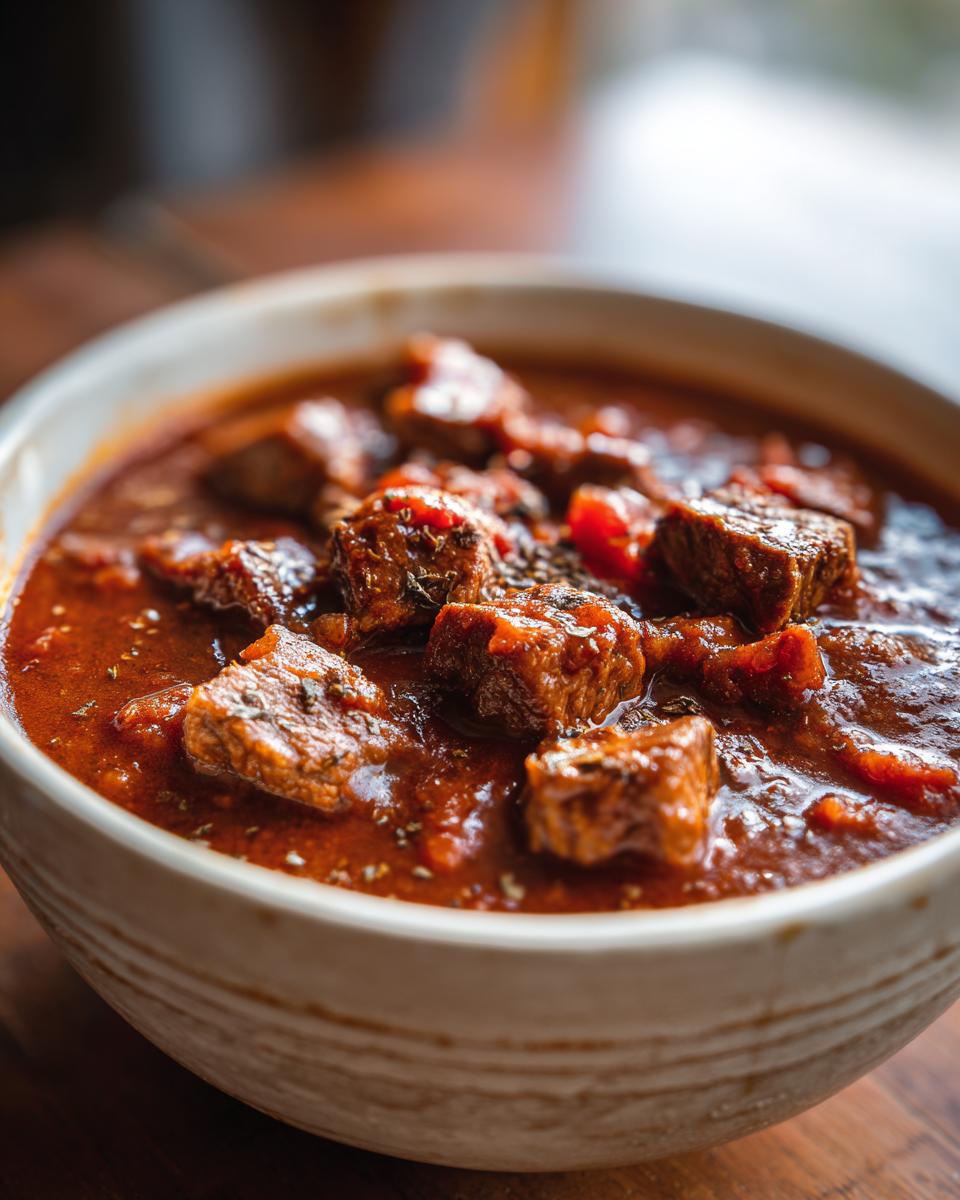 Close-up of a bowl filled with rich, chunky one pot Texas chili, featuring tender beef pieces in a deep red sauce.