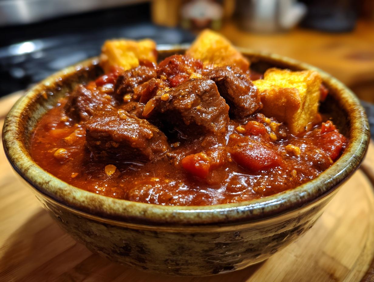 A close-up of a bowl filled with rich, hearty one pot Texas chili featuring tender chunks of beef and topped with golden cornbread.
