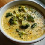 Close-up of a bowl of creamy Panera broccoli cheddar soup copycat, featuring tender broccoli florets and rich, cheesy broth.