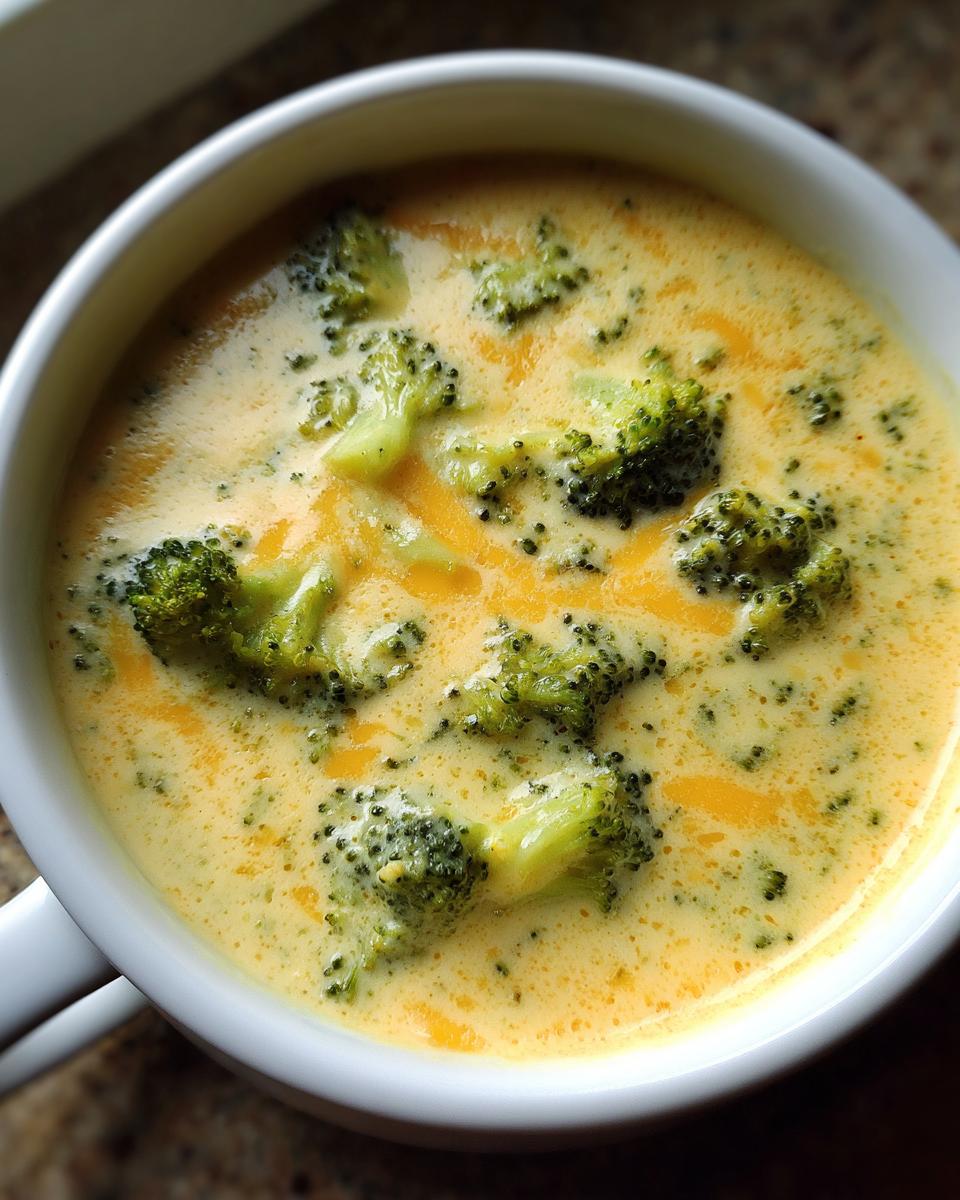 Close-up of a bowl of creamy Panera Broccoli Cheddar Soup Copycat, with visible broccoli florets and melted cheese.