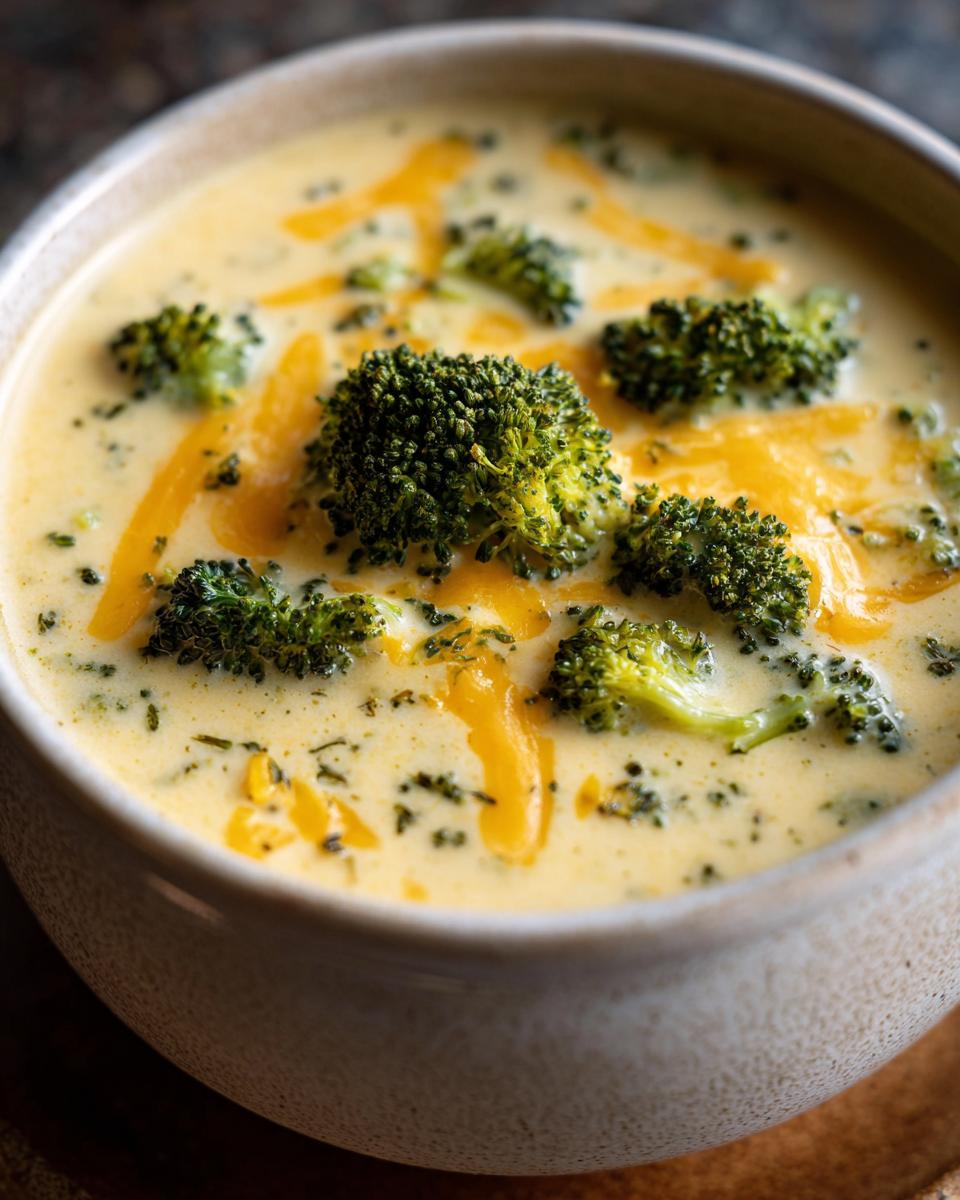 Close-up of a bowl of creamy Panera broccoli cheddar soup copycat, topped with fresh broccoli florets and melted cheddar cheese.