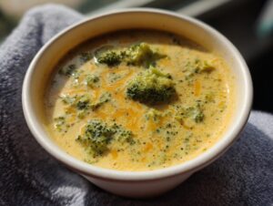 Close-up of a bowl of creamy Panera Broccoli Cheddar Soup Copycat, with visible broccoli florets and melted cheddar cheese.