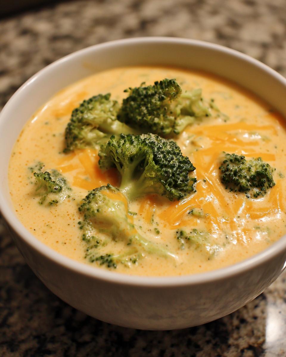 A close-up of a bowl of Panera broccoli cheddar soup copycat, topped with fresh broccoli florets and shredded cheddar cheese.