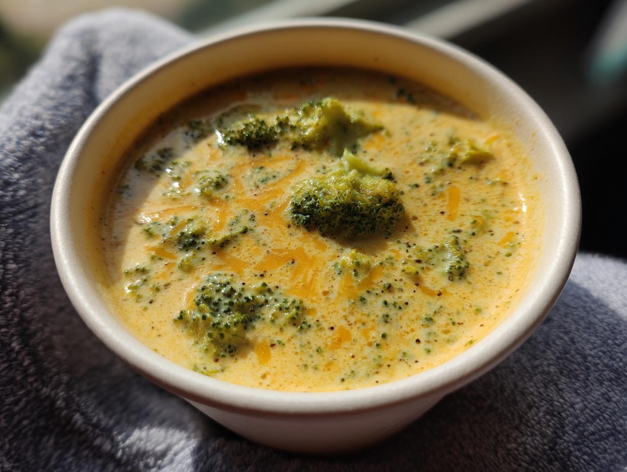 Close-up of a bowl of creamy Panera Broccoli Cheddar Soup Copycat, with visible broccoli florets and melted cheddar cheese.