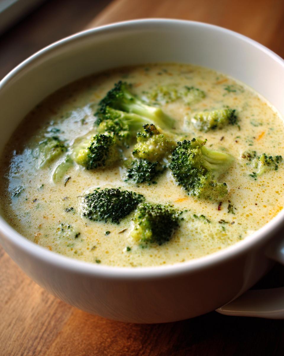 Close-up of a bowl of creamy Panera Broccoli Cheddar Soup Copycat with fresh broccoli florets.