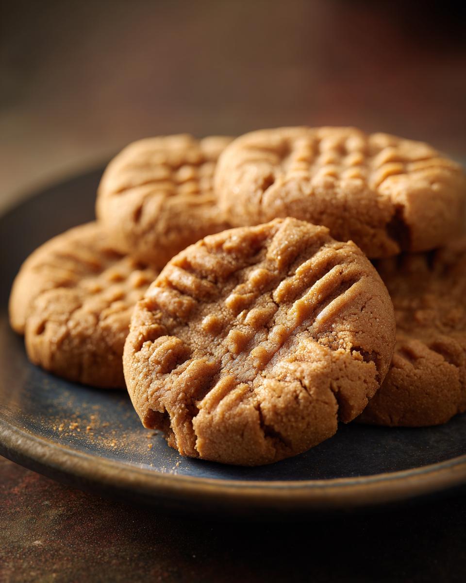 Close-up of several classic peanut butter cookies with fork marks, arranged on a dark blue plate.