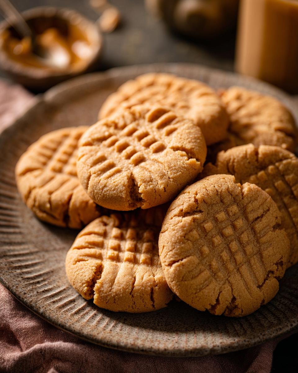 A close-up shot of a pile of perfect peanut butter cookies with classic fork marks on a textured plate.