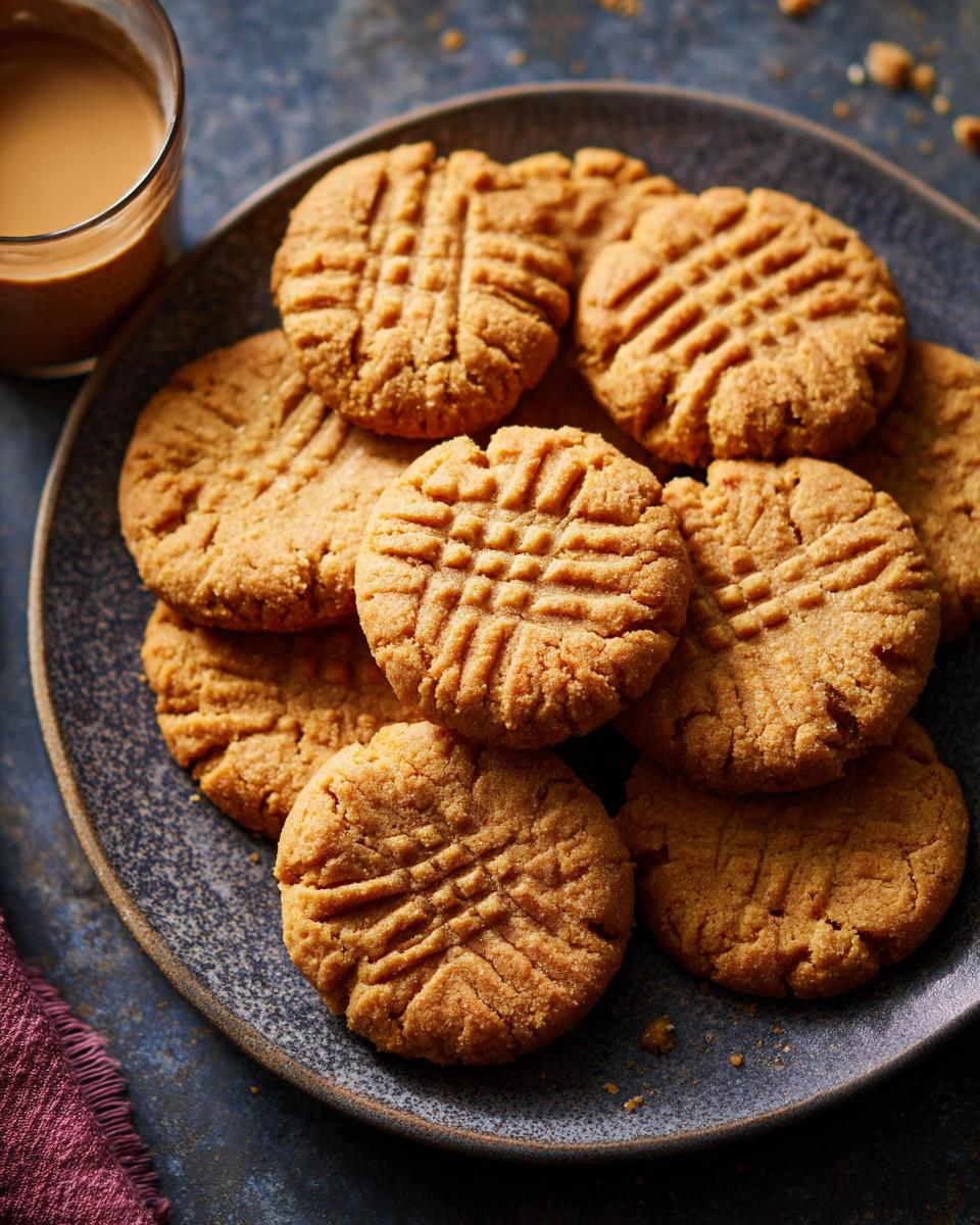 A close-up of a plate piled high with perfect peanut butter cookies, featuring the classic criss-cross fork marks.