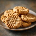 A close-up of a stack of classic peanut butter cookies with the traditional fork crosshatch pattern.