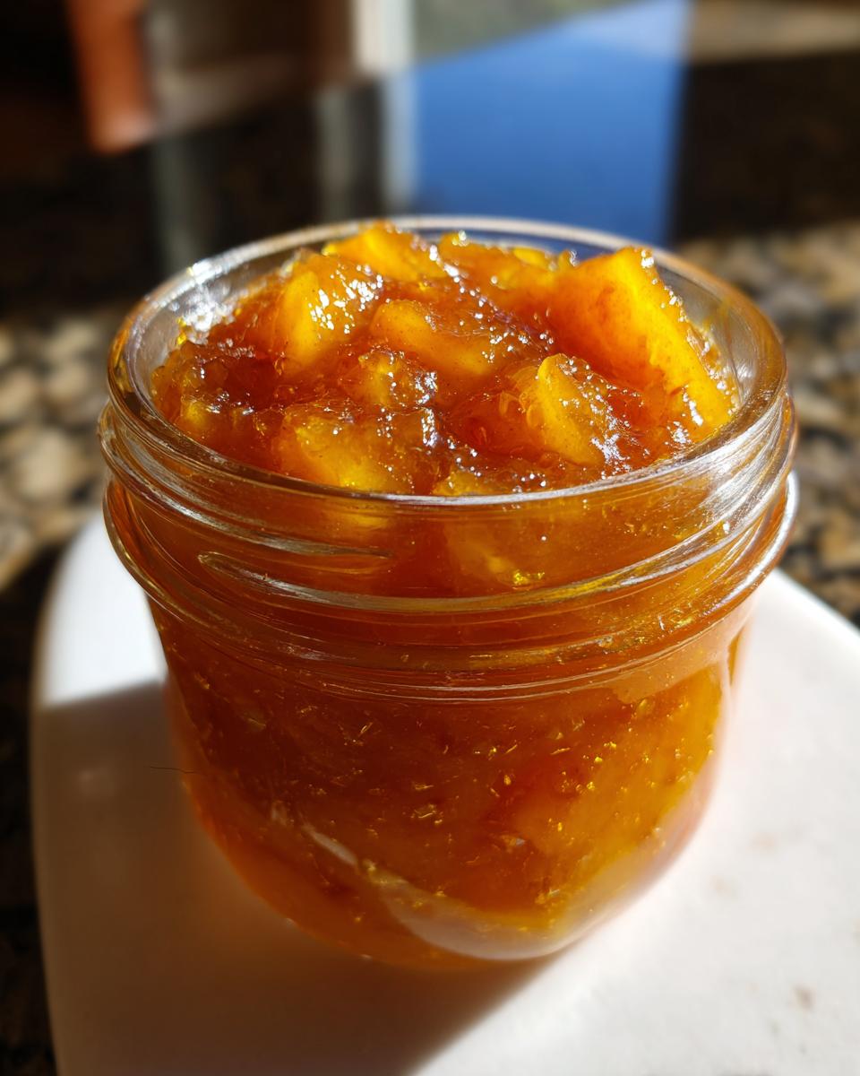 Close-up of a small glass jar filled with glistening, amber-colored pear preserves.