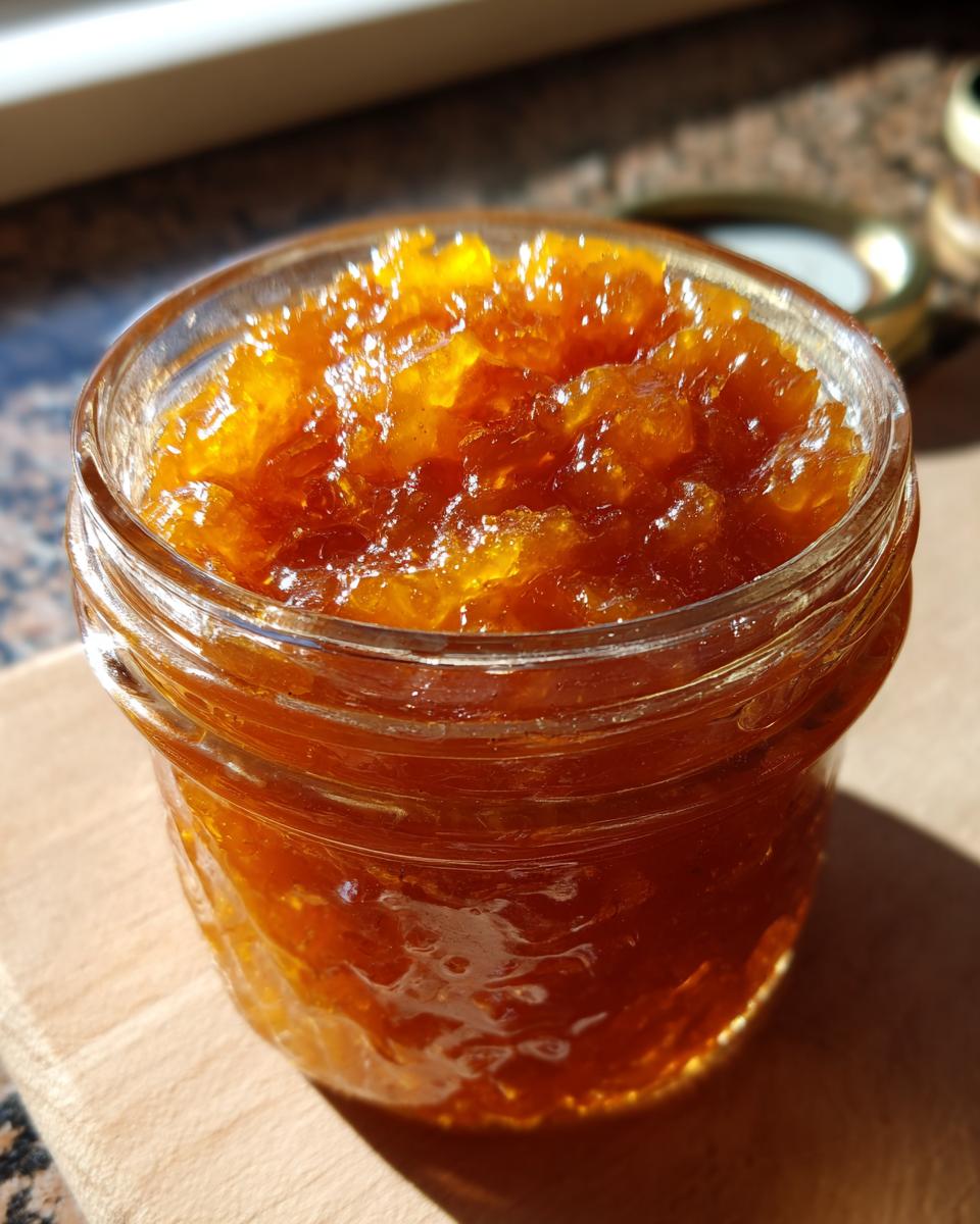 Close-up of a glass jar filled with glistening, homemade Pear Preserves.
