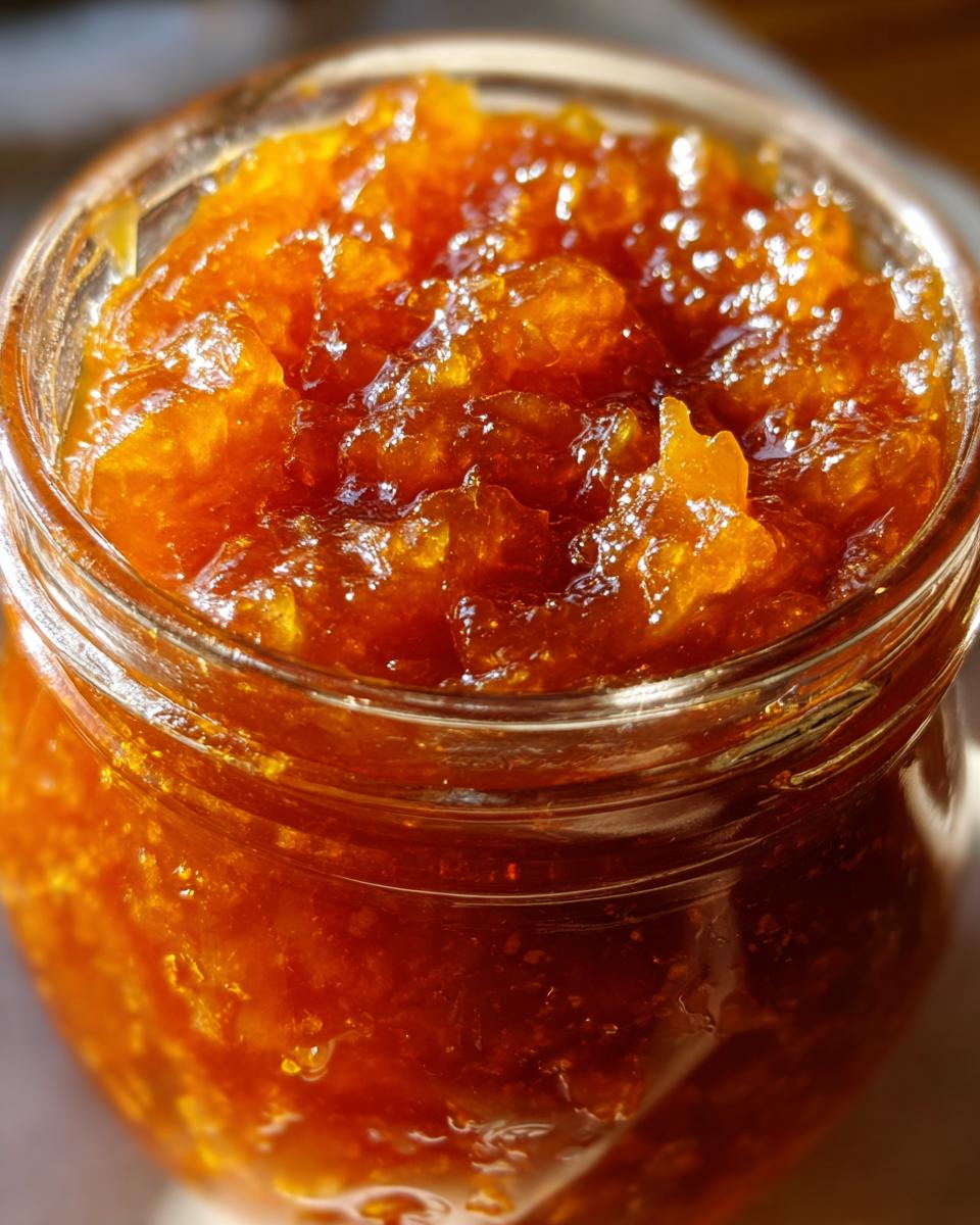 Close-up of a glass jar filled with glistening, homemade Pear Preserves.