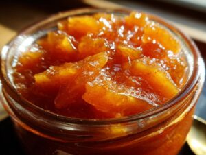 Close-up of a glass jar filled with glistening homemade pear preserves, showing chunks of pear and a warm, amber color.