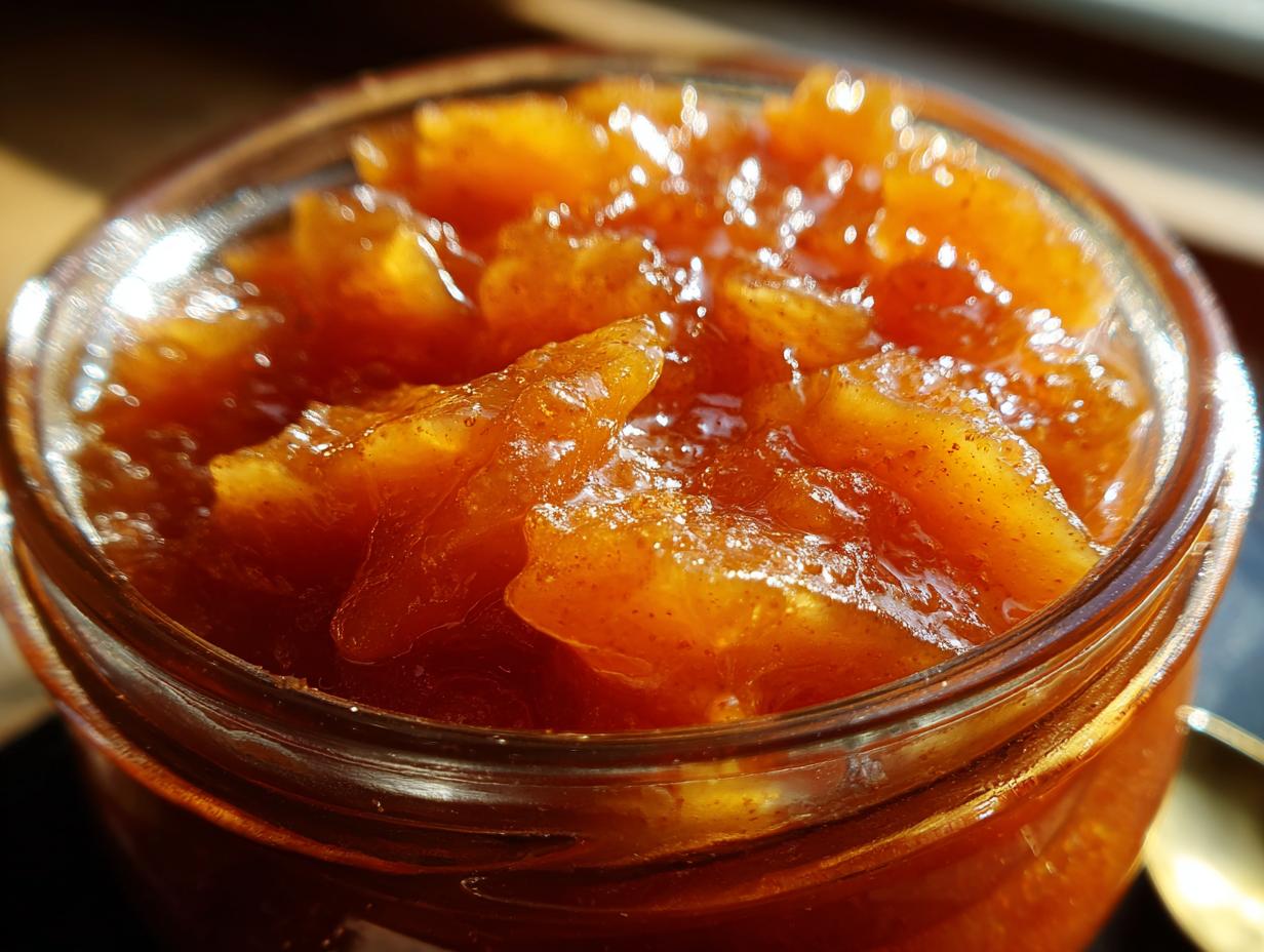 Close-up of a glass jar filled with glistening homemade pear preserves, showing chunks of pear and a warm, amber color.