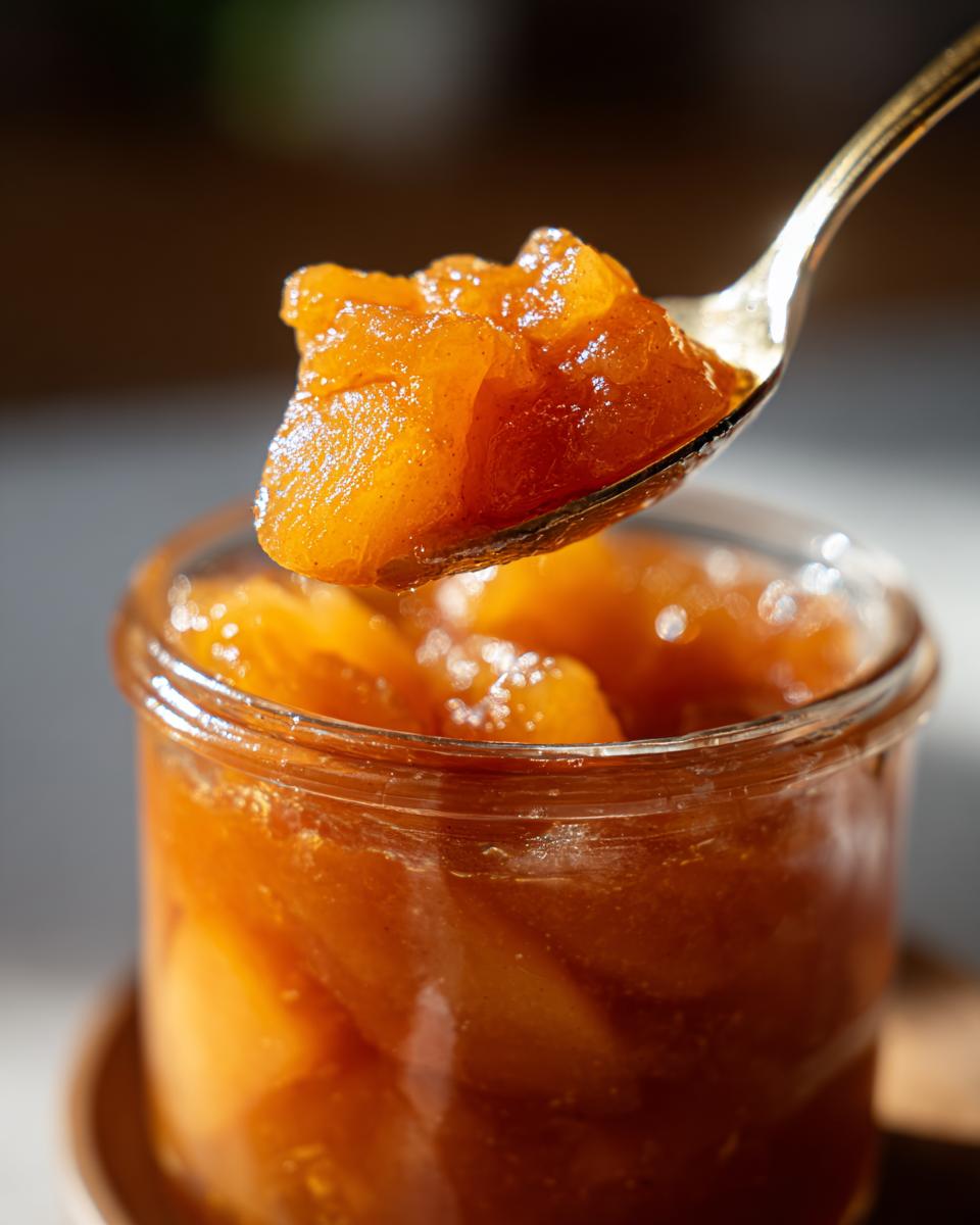 A spoonful of glistening, chunky pear preserves being lifted from a glass jar.