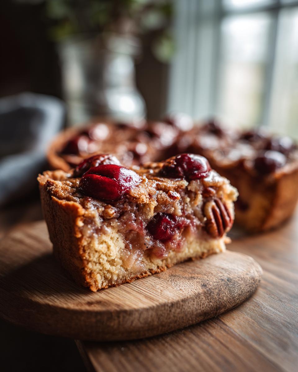 A close-up of a slice of pecan pie dump cake, showcasing a gooey cherry filling and crunchy pecans.