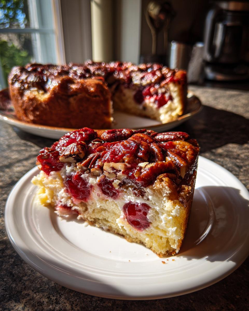 A slice of delicious pecan pie dump cake featuring a creamy filling, cherries, and a pecan topping.