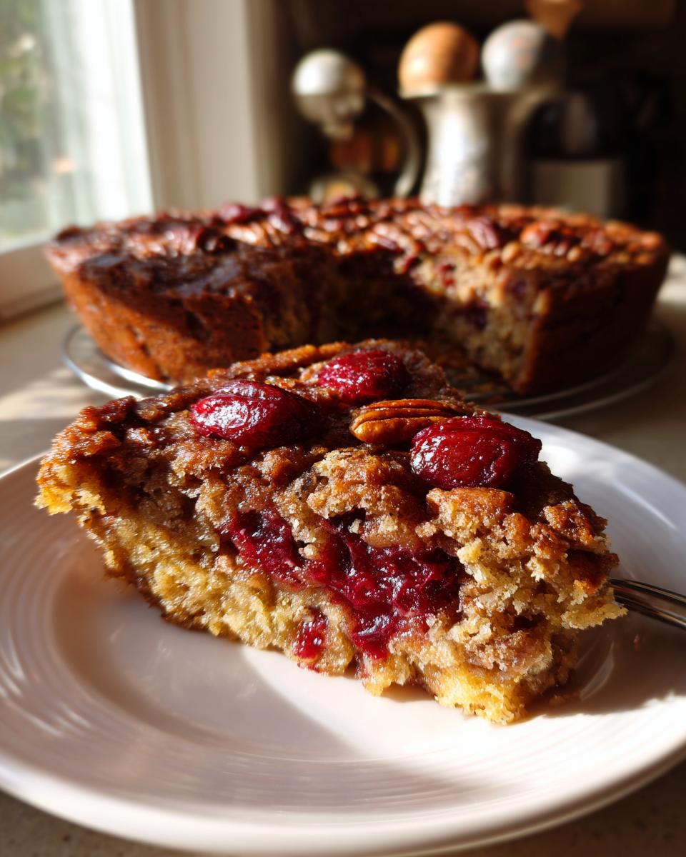 A close-up of a slice of pecan pie dump cake, revealing layers of cake, cherries, and pecans.